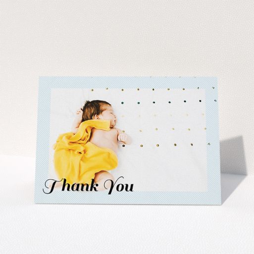 A new baby thank you card design named "Pastel Diagonals". It is an A5 card in a landscape orientation. It is a photographic new baby thank you card with room for 1 photo. "Pastel Diagonals" is available as a folded card, with mainly blue colouring.