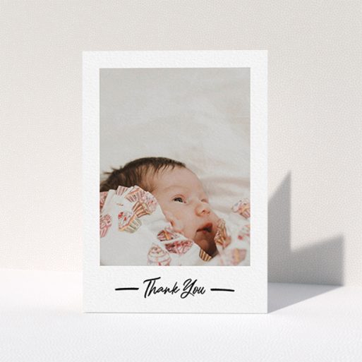 A new baby thank you card design called "Portrait Thank You Photo". It is an A6 card in a portrait orientation. It is a photographic new baby thank you card with room for 1 photo. "Portrait Thank You Photo" is available as a folded card, with mainly white colouring.