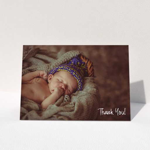 A new baby thank you card design named "Rough but Simple Photo". It is an A6 card in a landscape orientation. It is a photographic new baby thank you card with room for 1 photo. "Rough but Simple Photo" is available as a folded card, with mainly white colouring.