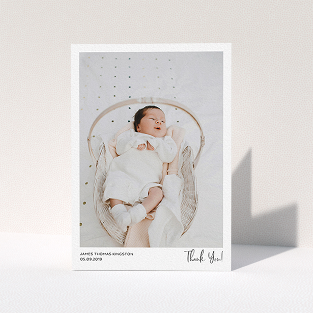 A new baby thank you card called "Simple Wedding Thank You". It is an A6 card in a portrait orientation. It is a photographic new baby thank you card with room for 1 photo. "Simple Wedding Thank You" is available as a folded card, with mainly white colouring.