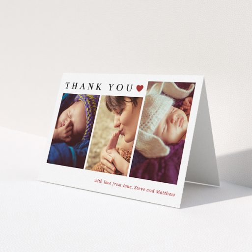A new baby thank you card design named 'Simply Thanks'. It is an A5 card in a landscape orientation. It is a photographic new baby thank you card with room for 3 photos. 'Simply Thanks' is available as a folded card, with tones of white and red.