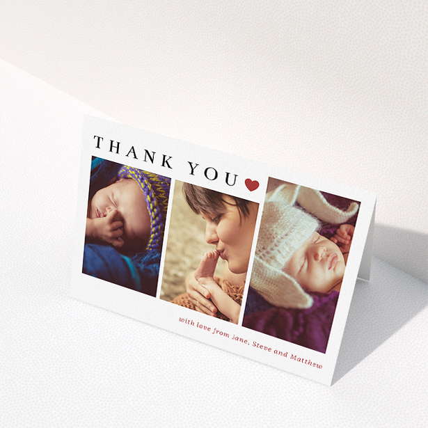 A new baby thank you card design named "Simply Thanks". It is an A5 card in a landscape orientation. It is a photographic new baby thank you card with room for 3 photos. "Simply Thanks" is available as a folded card, with tones of white and red.