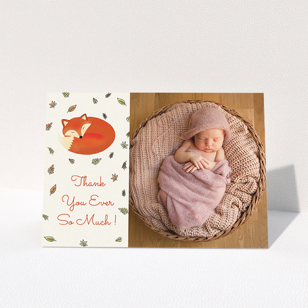 A new baby thank you card called "Sleepy Fox". It is an A5 card in a landscape orientation. It is a photographic new baby thank you card with room for 1 photo. "Sleepy Fox" is available as a folded card, with tones of cream, orange and light yellow.