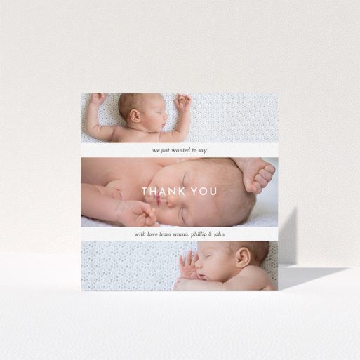 A new baby thank you card named "Stacked Frames". It is a square (148mm x 148mm) card in a square orientation. It is a photographic new baby thank you card with room for 3 photos. "Stacked Frames" is available as a folded card, with mainly white colouring.