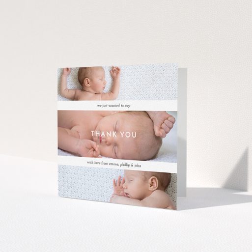 A new baby thank you card named 'Stacked Frames'. It is a square (148mm x 148mm) card in a square orientation. It is a photographic new baby thank you card with room for 3 photos. 'Stacked Frames' is available as a folded card, with mainly white colouring.