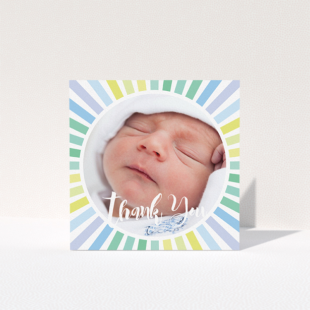 A new baby thank you card design called "Sun Centre". It is a square (148mm x 148mm) card in a square orientation. It is a photographic new baby thank you card with room for 1 photo. "Sun Centre" is available as a folded card, with mainly light blue colouring.