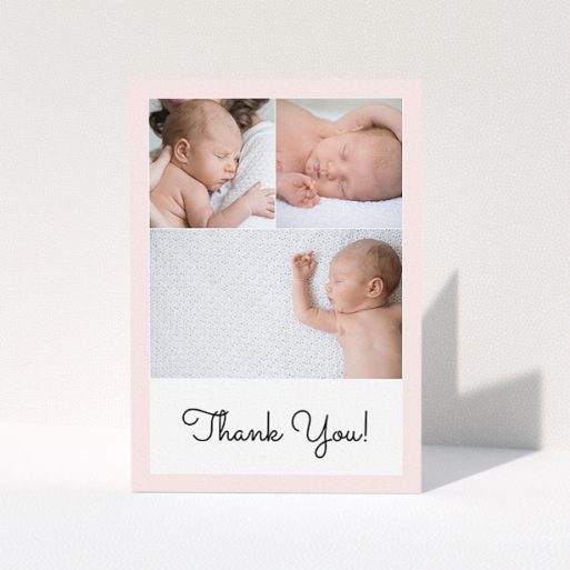 A new baby thank you card template titled "Thank You!". It is an A5 card in a portrait orientation. It is a photographic new baby thank you card with room for 3 photos. "Thank You!" is available as a folded card, with tones of pink and white.