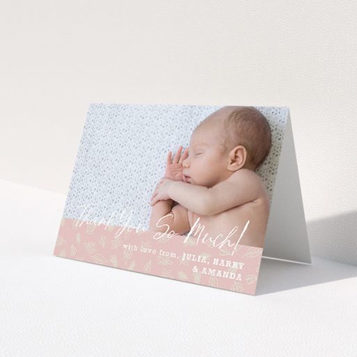 A new baby thank you card template titled 'Thank You So Much'. It is an A5 card in a landscape orientation. It is a photographic new baby thank you card with room for 1 photo. 'Thank You So Much' is available as a folded card, with tones of pink and white.