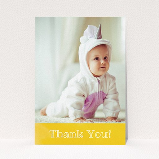 A new baby thank you card called "Thanks In Yellow". It is an A6 card in a portrait orientation. It is a photographic new baby thank you card with room for 1 photo. "Thanks In Yellow" is available as a flat card, with tones of yellow and white.