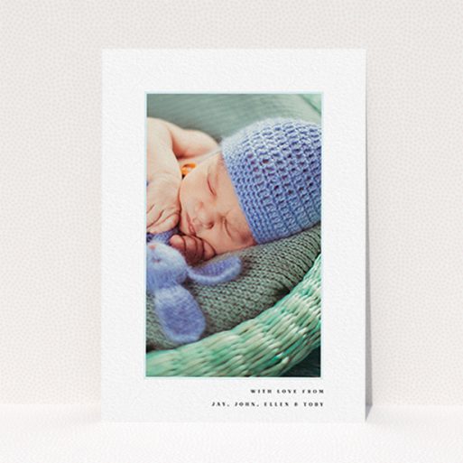 A new baby thank you card template titled "Thin Blue Frame". It is an A6 card in a portrait orientation. It is a photographic new baby thank you card with room for 1 photo. "Thin Blue Frame" is available as a flat card, with tones of white and blue.