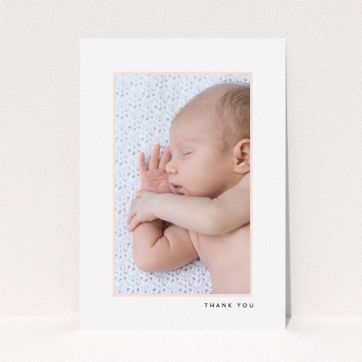A new baby thank you card design titled "Thin Pink Frame". It is an A5 card in a portrait orientation. It is a photographic new baby thank you card with room for 1 photo. "Thin Pink Frame" is available as a flat card, with tones of white and pink.