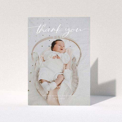 A new baby thank you card template titled "Topped and Bottomed". It is an A6 card in a portrait orientation. It is a photographic new baby thank you card with room for 1 photo. "Topped and Bottomed" is available as a folded card, with mainly white colouring.