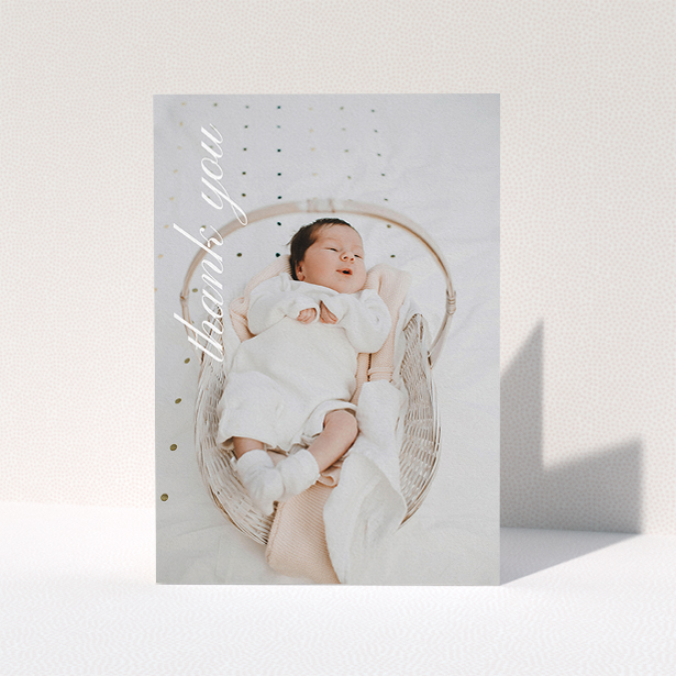 A new baby thank you card design called "Up the Side". It is an A5 card in a portrait orientation. It is a photographic new baby thank you card with room for 1 photo. "Up the Side" is available as a folded card, with mainly white colouring.