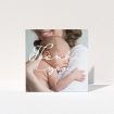 A new baby thank you card design named "White Thank You". It is a square (148mm x 148mm) card in a square orientation. It is a photographic new baby thank you card with room for 1 photo. "White Thank You" is available as a folded card, with mainly white colouring.