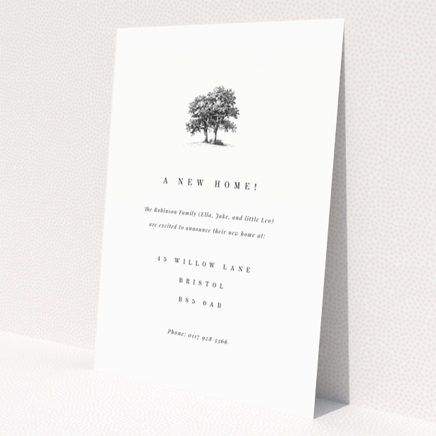 Change of address card with tree illustration and family announcement featuring one photo.