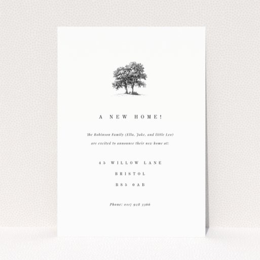 Change of address card with tree illustration and family announcement featuring one photo.