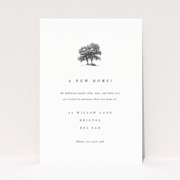 Change of address card with tree illustration and family announcement featuring one photo.