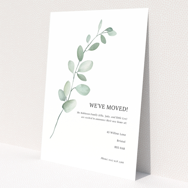 Change of address card with watercolour leaf design and one photo