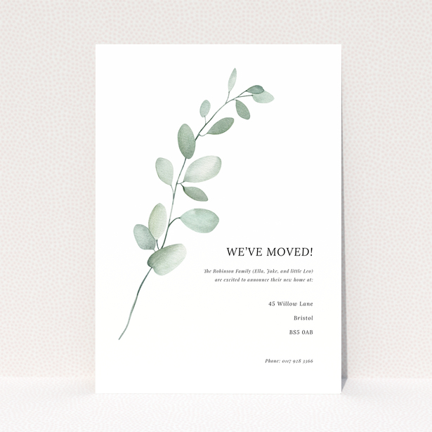 Change of address card with watercolour leaf design and one photo