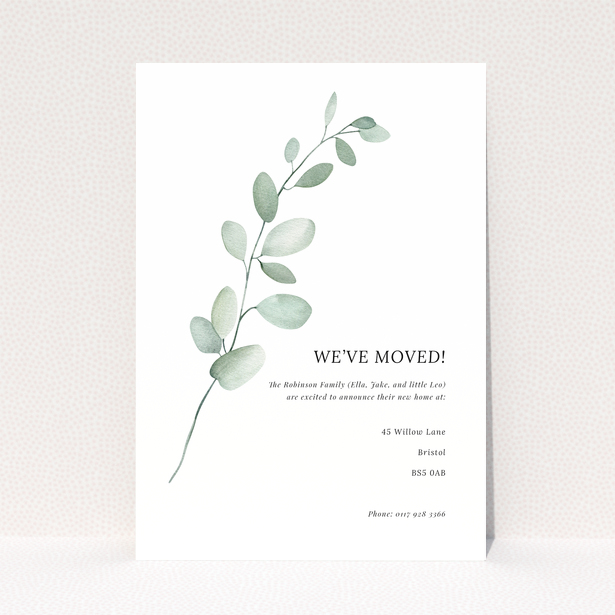 Change of address card with watercolour leaf design and one photo