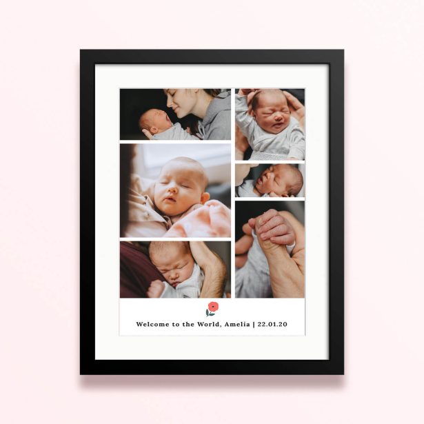 Framed and mounted photo print of a newborn baby with six photos and a personalised message.