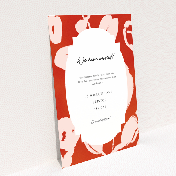 Change of address card in red and white design with no photos