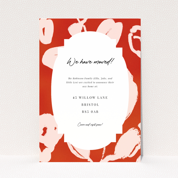 Change of address card in red and white design with no photos