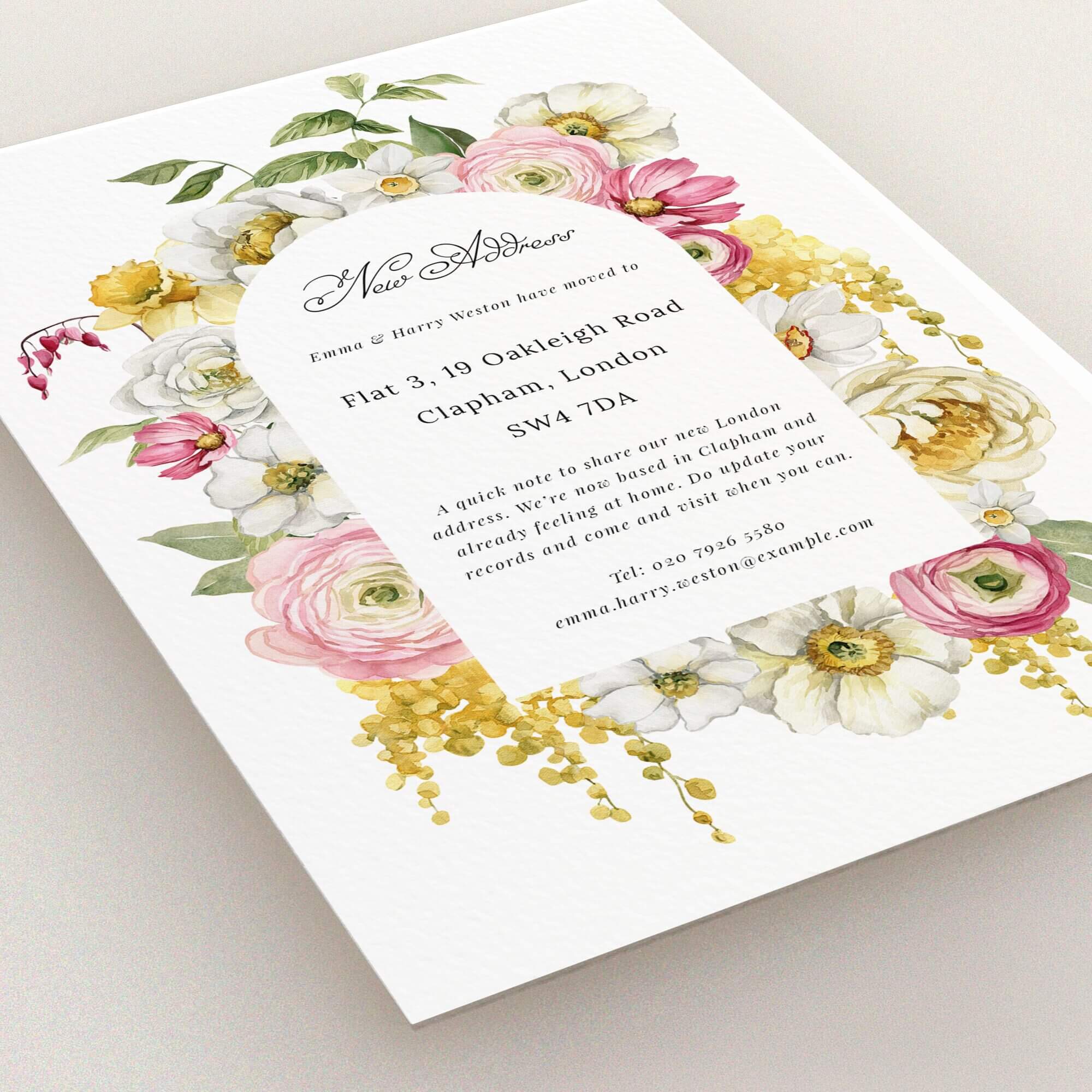 Floral change of address card design with one floral illustration