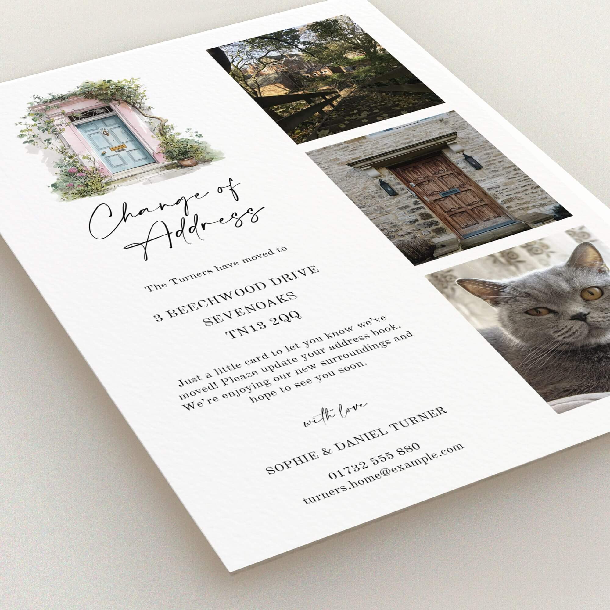 Change of address card featuring three photos alongside a floral door illustration.