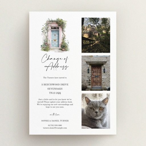 Personalised Moving Announcement Change of address card featuring three photos alongside a floral door illustration.