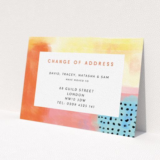 A new home card named 'Abstract Pastels'. It is an A6 card in a landscape orientation. 'Abstract Pastels' is available as a flat card, with tones of orange, red and yellow.