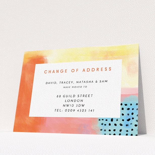 A new home card named "Abstract Pastels". It is an A6 card in a landscape orientation. "Abstract Pastels" is available as a flat card, with tones of orange, red and yellow.