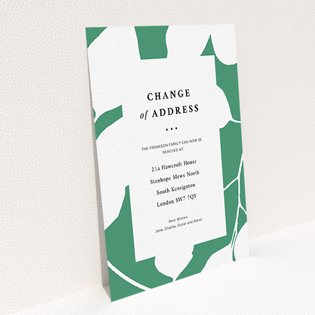 A new home card design called "Bold Green Floral". It is an A6 card in a portrait orientation. "Bold Green Floral" is available as a flat card, with tones of green and white.