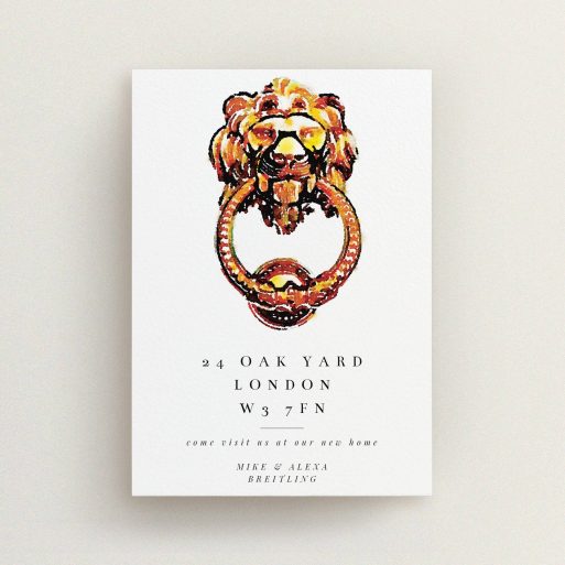 New Home Card Design - "Brass Knocker" A new home card named "Brass Knocker". It is an A6 card in a portrait orientation. "Brass Knocker" is available as a flat card, with tones of gold and white.