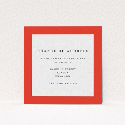 A new home card design titled "Broader Border Impact". It is a square (148mm x 148mm) card in a square orientation. "Broader Border Impact" is available as a flat card, with tones of red and white.