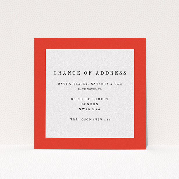A new home card design titled "Broader Border Impact". It is a square (148mm x 148mm) card in a square orientation. "Broader Border Impact" is available as a flat card, with tones of red and white.