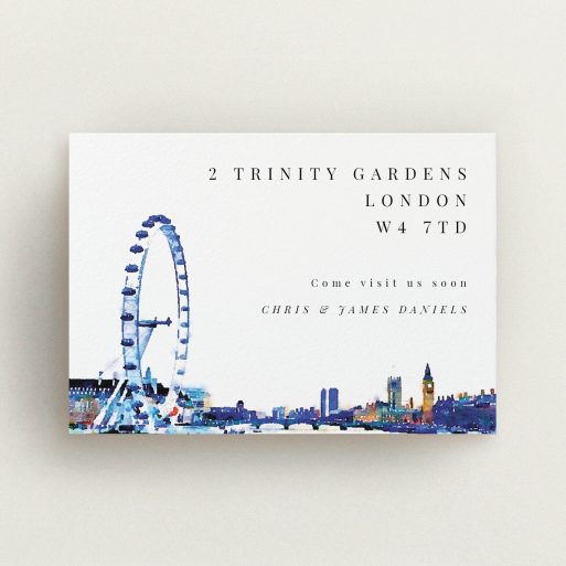 New Home Card Design - "Cast and Eye" A new home card template titled "Cast and Eye". It is an A6 card in a landscape orientation. "Cast and Eye" is available as a flat card, with mainly blue colouring.