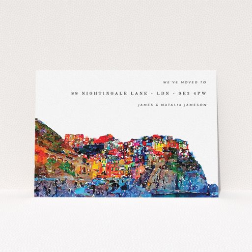 A new home card named "Costa del colour". It is an A5 card in a landscape orientation. "Costa del colour" is available as a flat card, with tones of white and red.