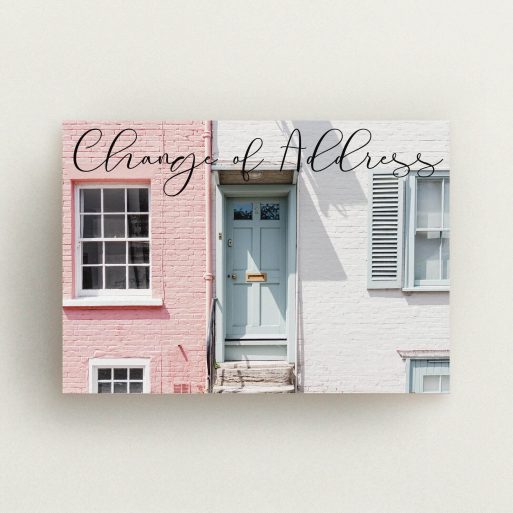 New Home Card Design - "Cursive Topper" A new home card template titled "Cursive Topper". It is an A6 card in a landscape orientation. It is a photographic new home card with room for 1 photo. "Cursive Topper" is available as a flat card, with mainly black colouring.