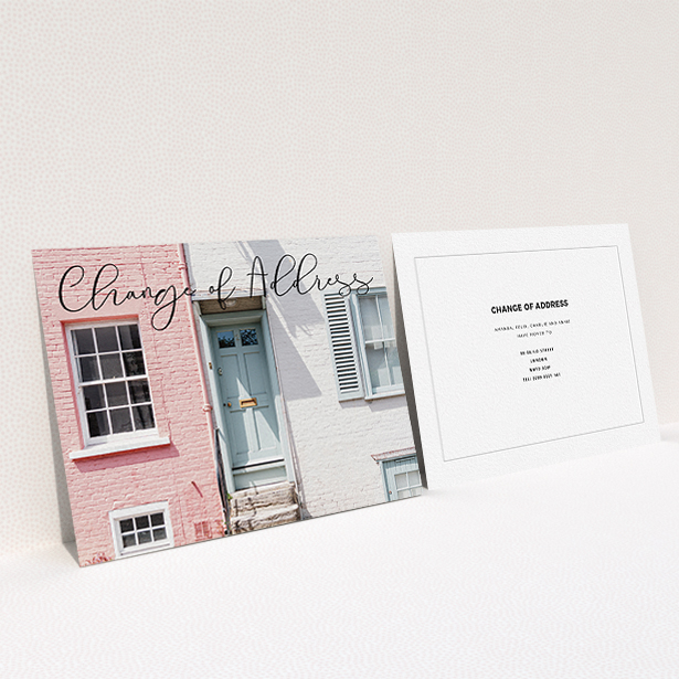 A new home card template titled "Cursive Topper". It is an A6 card in a landscape orientation. It is a photographic new home card with room for 1 photo. "Cursive Topper" is available as a flat card, with mainly black colouring.