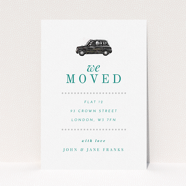 A new home card design titled "Grab-a-Cab". It is an A5 card in a portrait orientation. "Grab-a-Cab" is available as a flat card, with tones of white and green.