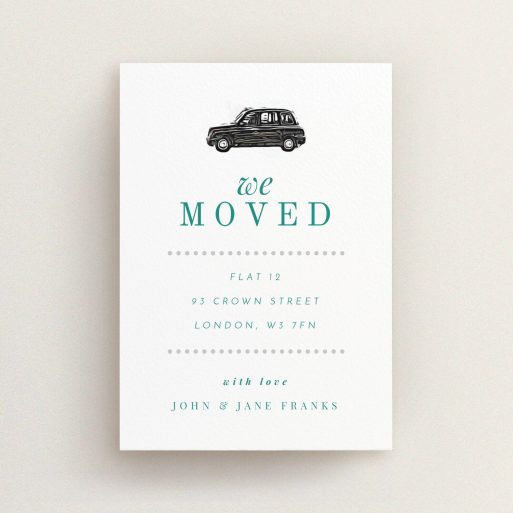 New Home Card Design - "Grab-a-Cab" A new home card design called "Grab-a-Cab". It is an A6 card in a portrait orientation. "Grab-a-Cab" is available as a flat card, with tones of white and green.