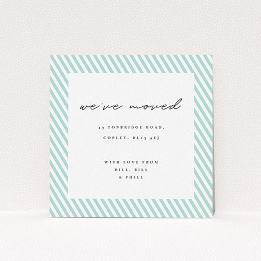A new home card design titled "Mint Diagonals". It is a square (148mm x 148mm) card in a square orientation. "Mint Diagonals" is available as a flat card, with tones of green and white.