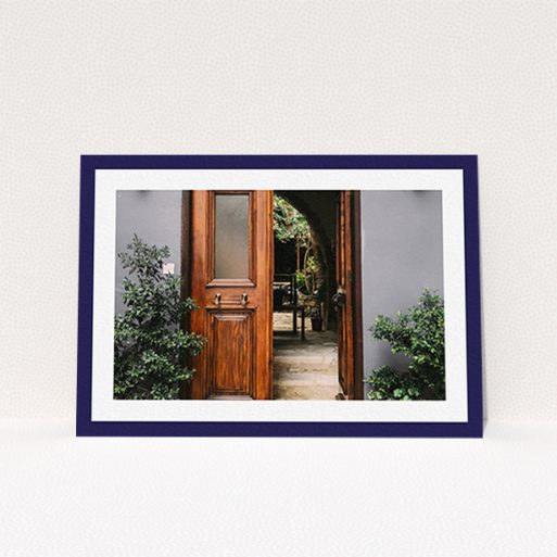 A new home card design named "Navy Border". It is an A6 card in a landscape orientation. It is a photographic new home card with room for 1 photo. "Navy Border" is available as a flat card, with tones of navy blue and white.