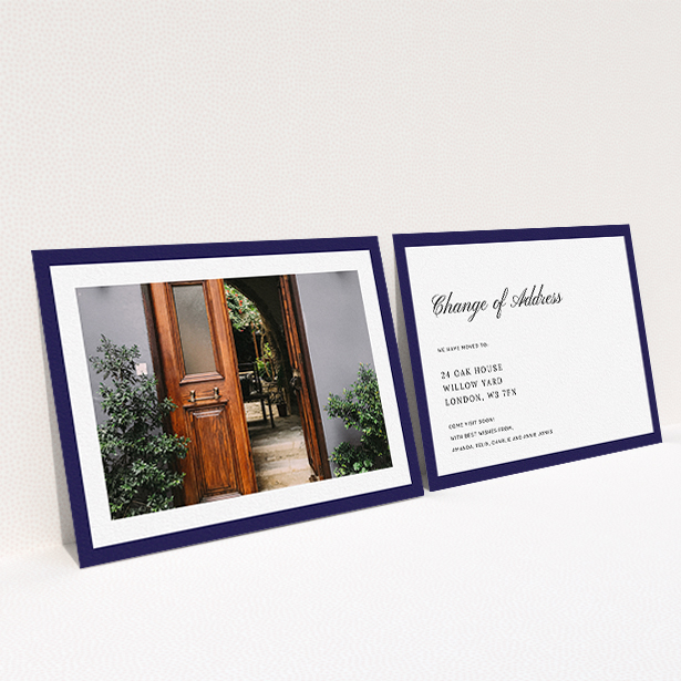 A new home card design named "Navy Border". It is an A6 card in a landscape orientation. It is a photographic new home card with room for 1 photo. "Navy Border" is available as a flat card, with tones of navy blue and white.