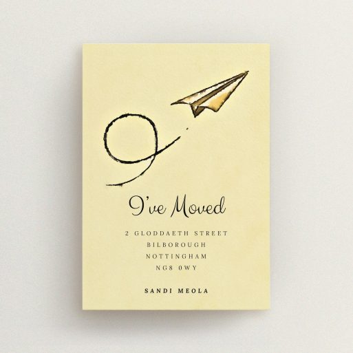 New Home Card Design - "Off & Away" A new home card template titled "Off & Away". It is an A6 card in a portrait orientation. "Off & Away" is available as a flat card, with mainly dark cream colouring.