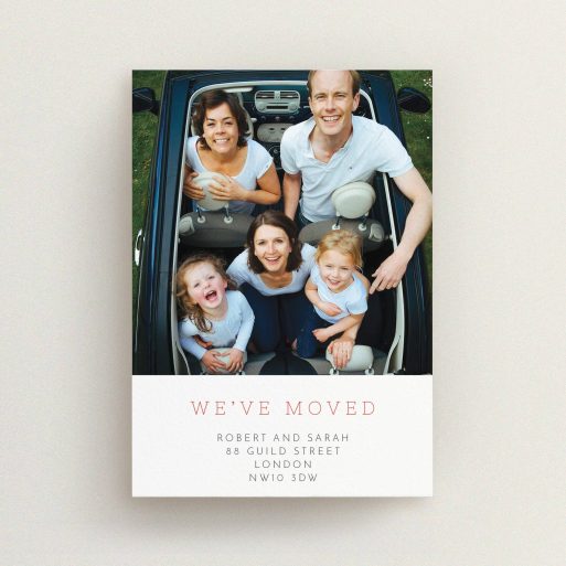 New Home Card Design - "Our House" A new home card design titled "Our House". It is an A6 card in a portrait orientation. It is a photographic new home card with room for 1 photo. "Our House" is available as a flat card, with tones of white and red.