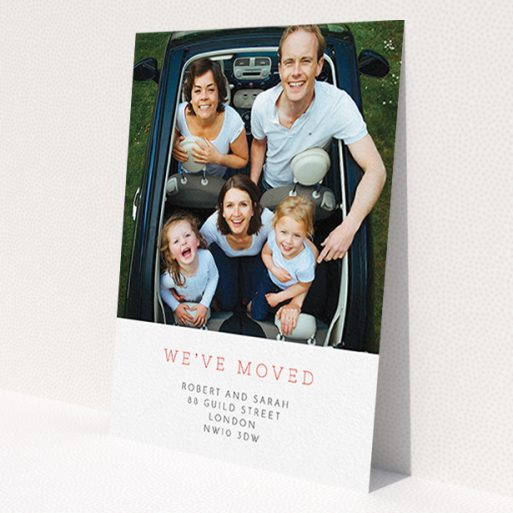 A new home card design titled 'Our House'. It is an A6 card in a portrait orientation. It is a photographic new home card with room for 1 photo. 'Our House' is available as a flat card, with tones of white and red.