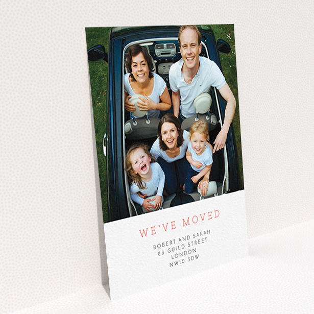 A new home card design titled "Our House". It is an A6 card in a portrait orientation. It is a photographic new home card with room for 1 photo. "Our House" is available as a flat card, with tones of white and red.