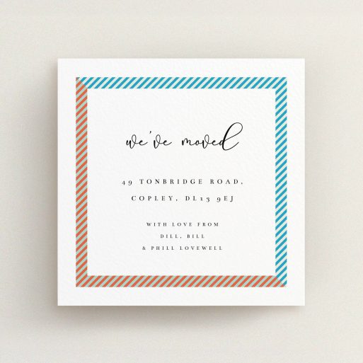 New Home Card Design - "Pastel Frame" A new home card design titled "Pastel Frame". It is a square (148mm x 148mm) card in a square orientation. "Pastel Frame" is available as a flat card, with tones of white and light blue.